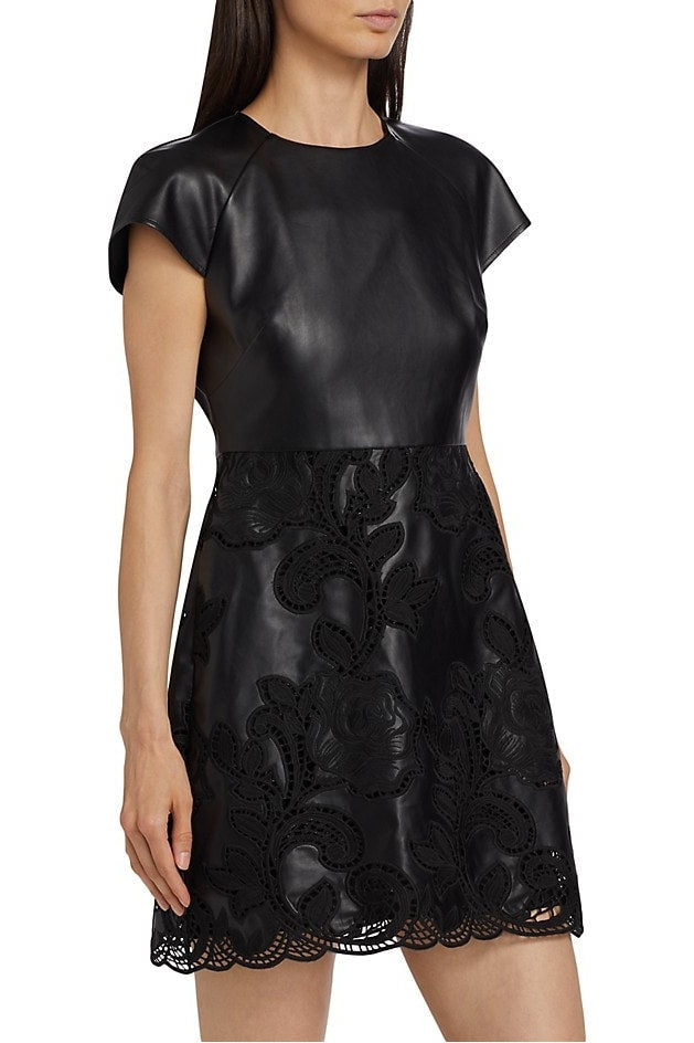 Demi Cap Sleeve Crew Neck Vegan Leather & Lace Dress