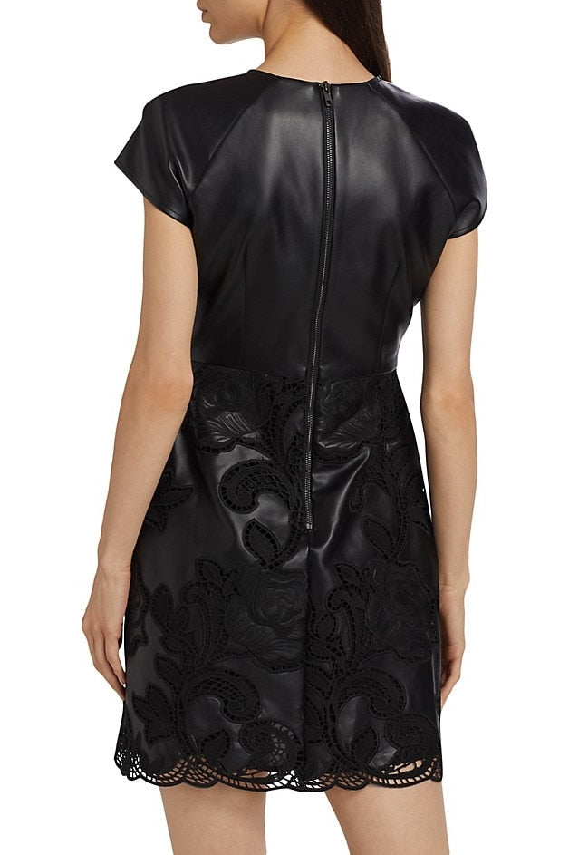 Demi Cap Sleeve Crew Neck Vegan Leather & Lace Dress