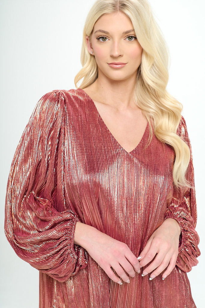 Pleated with Foil V Neck Bubble Sleeve Top w/ Lining