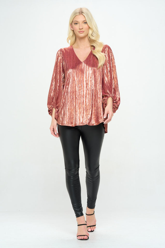 Pleated with Foil V Neck Bubble Sleeve Top w/ Lining