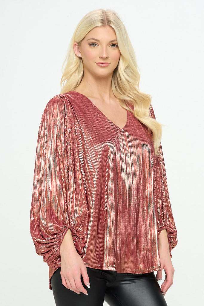 Pleated with Foil V Neck Bubble Sleeve Top w/ Lining