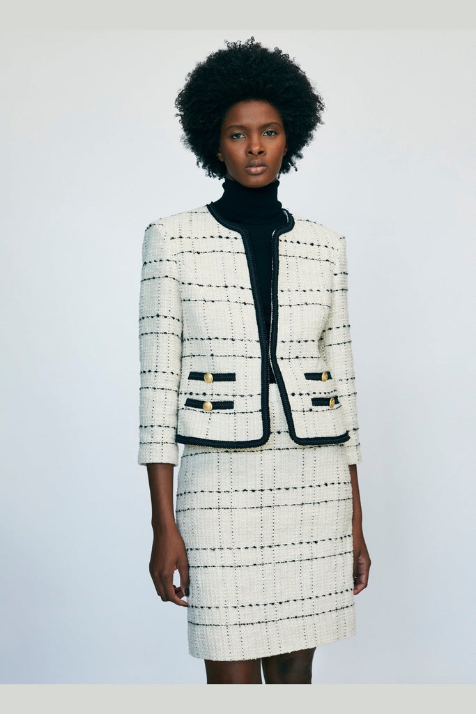 Collarless open front jacket