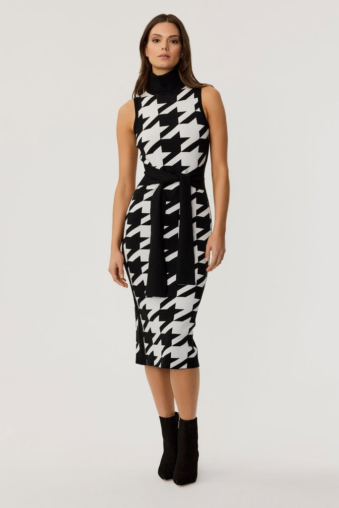 Peggy Sleeveless Large Houndstooth Tie-Front Dress