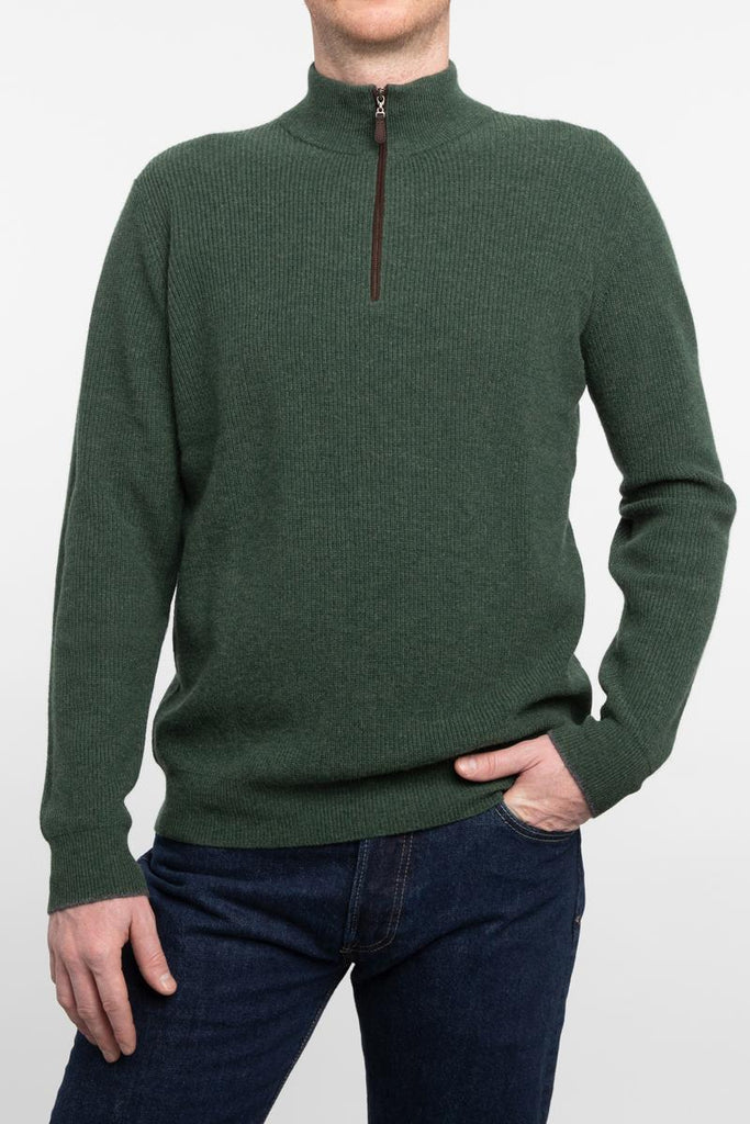 Suede Trim Rib Qtr Zip Mock