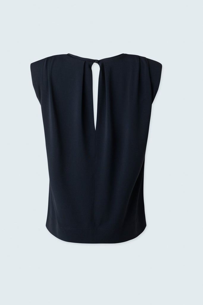 Sleeveless crewneck with shoulder pads and pleated details